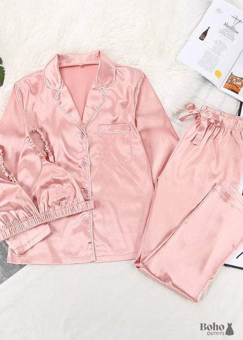 Pijama bohemio, conjunto de pijama de satén Clementine en plata, rosa y champán.